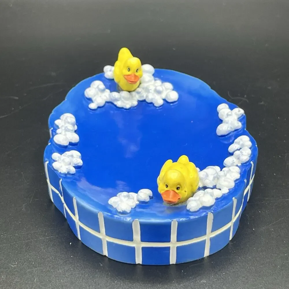 Vintage 3D Ceramic Yellow Rubber Duck Blue Bath Soap Dish Trinket Tray Novelty